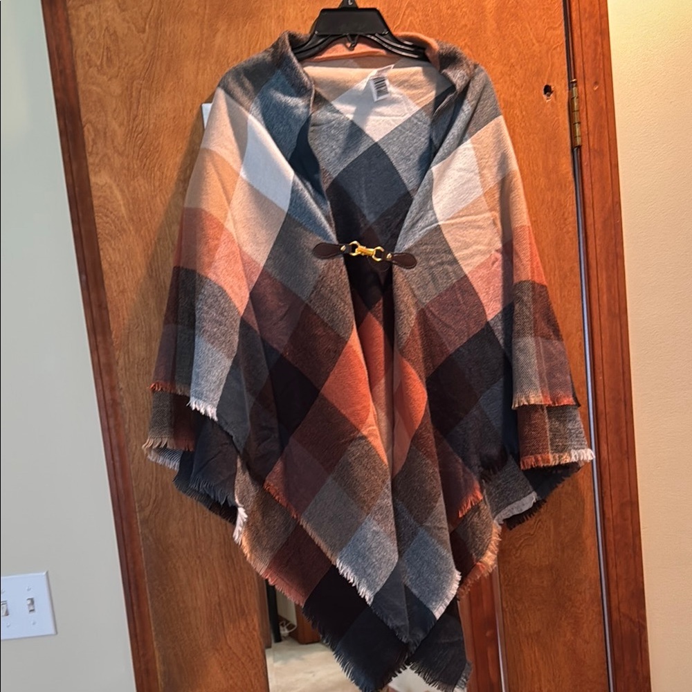 Plaid Poncho with Toggle Closure